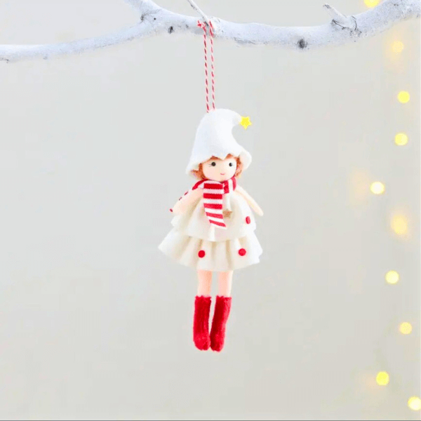Handmade Angel Doll Ornaments with a Hat, Red Scarf & Polka Dot Dress
