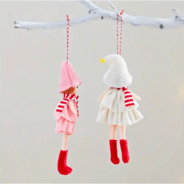 Handmade Angel Doll Ornaments with a Hat, Red Scarf & Polka Dot Dress