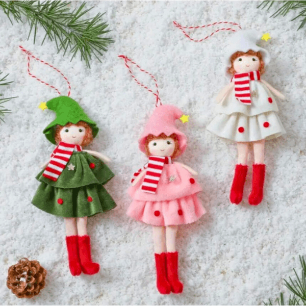 Handmade Angel Doll Ornaments with a Hat, Red Scarf & Polka Dot Dress