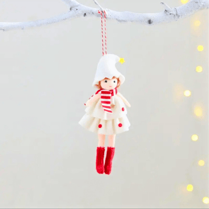 Handmade Angel Doll Ornaments with a Hat, Red Scarf & Polka Dot Dress