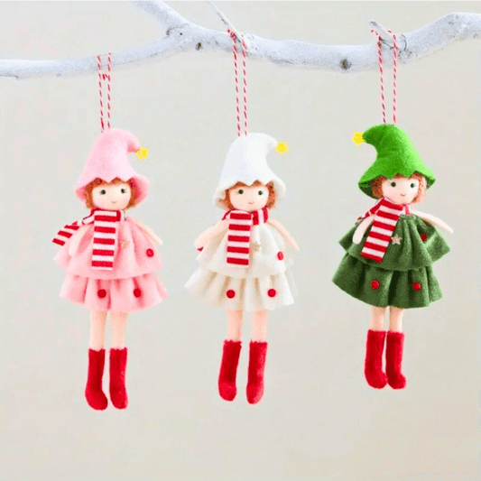 Handmade Angel Doll Ornaments with a Hat, Red Scarf & Polka Dot Dress