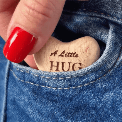 A Little Hug Wooden Heart Gift with a Soft Natural Cotton Keepsake Pouch