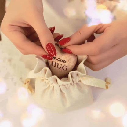 A Little Hug Wooden Heart Gift with a Soft Natural Cotton Keepsake Pouch