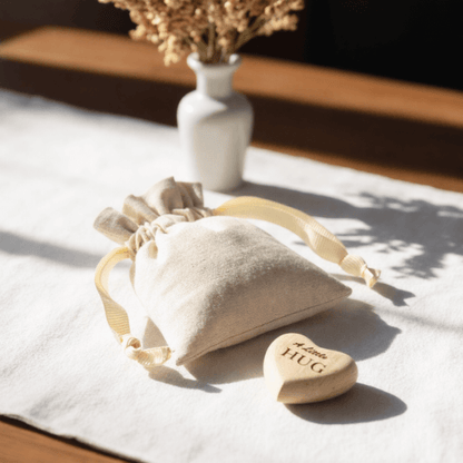 A Little Hug Wooden Heart Gift with a Soft Natural Cotton Keepsake Pouch