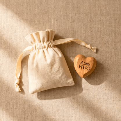A Little Hug Wooden Heart Gift with a Soft Natural Cotton Keepsake Pouch
