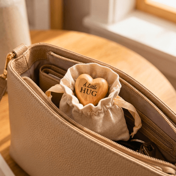 A Little Hug Wooden Heart Gift with a Soft Natural Cotton Keepsake Pouch
