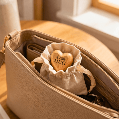 A Little Hug Wooden Heart Gift with a Soft Natural Cotton Keepsake Pouch