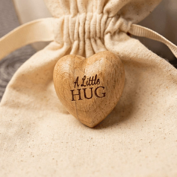 A Little Hug Wooden Heart Gift with a Soft Natural Cotton Keepsake Pouch