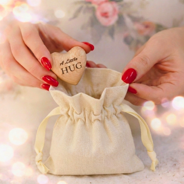 A Little Hug Wooden Heart Gift with a Soft Natural Cotton Keepsake Pouch